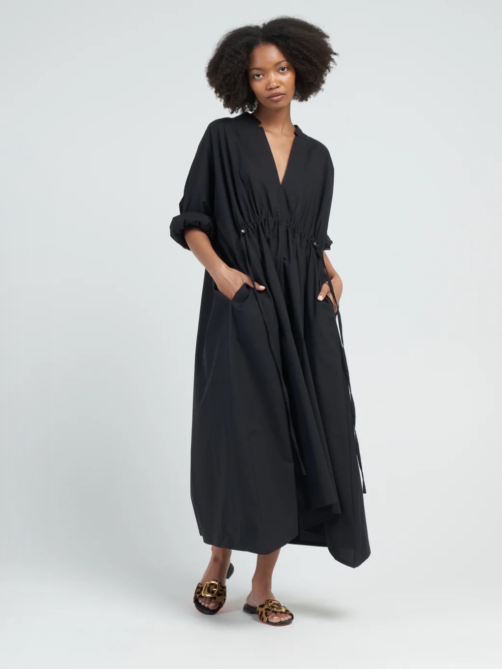 Carla Rockmore Navy Blue V-Neck Drawstring Maxi Dress
